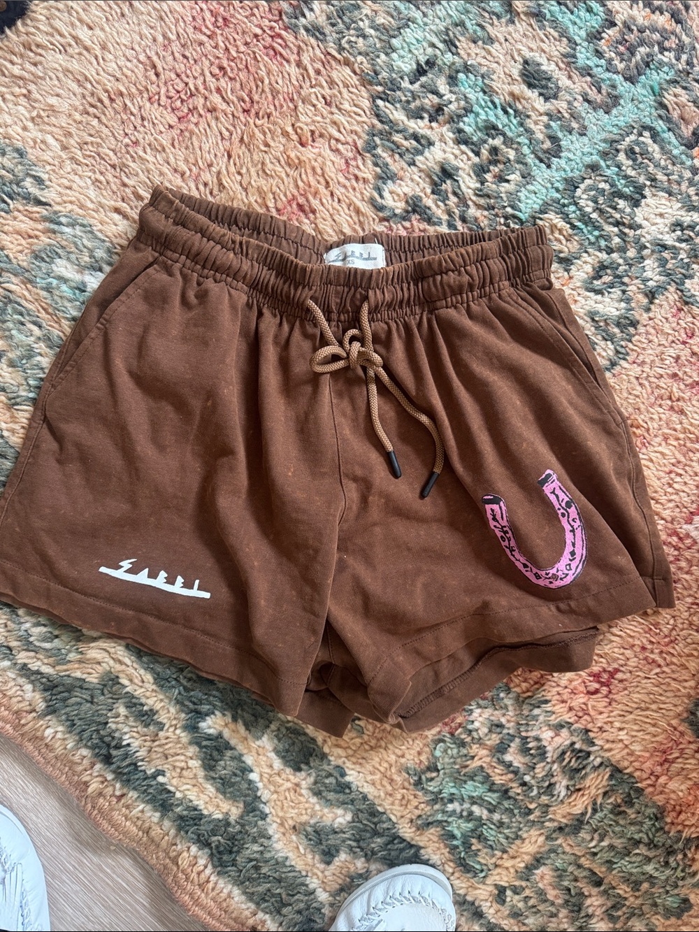 Women's Brown Athletic Drawstring Shorts with Pink Horseshoe Accent